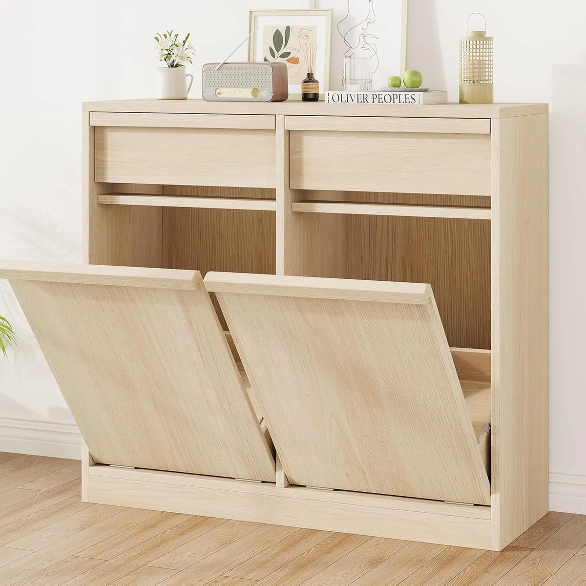 Double Tilt Out Trash Cabinet Hidden Garbage Recycling Cabinet Hidden Garbage Bin Laundry Hamper for Kitchen Living Room