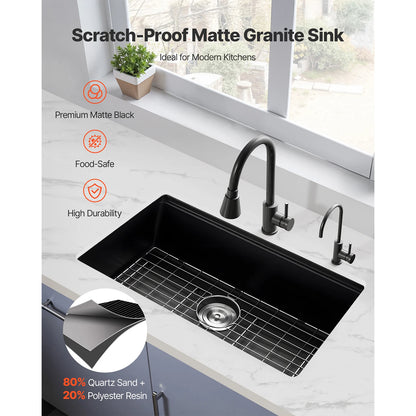 SucceBuy 30 33inch Kitchen Sink Workstation Undermount Granite Sink Drop-In Single Bowl Farmhouse Basin for RV, Prep Kitchen