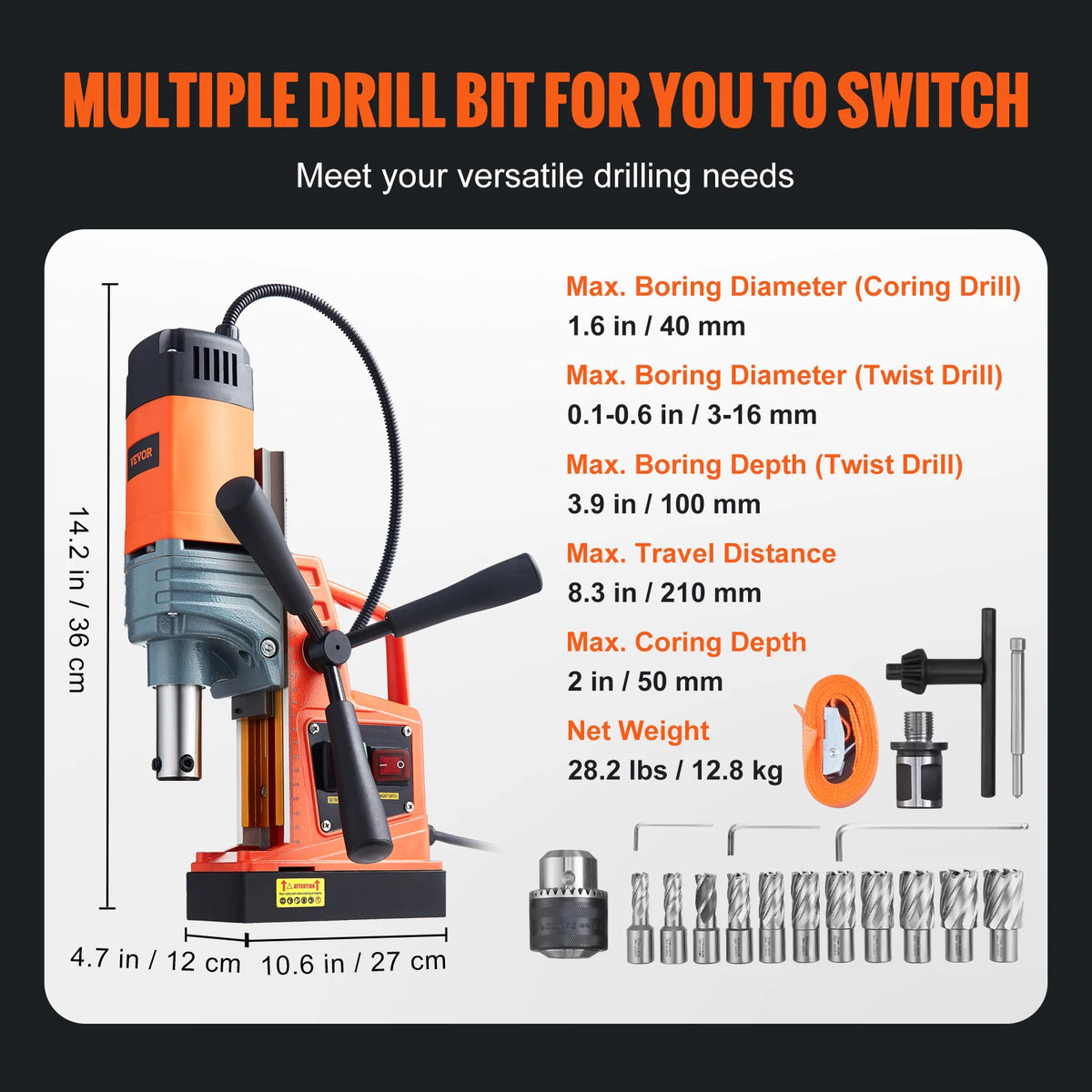 SucceBuy 1300/1550W Drilling Machine Magnetic Drill Portable Electric Mag Drill Press 0-500 RPM Variable Speed for Metal Surface