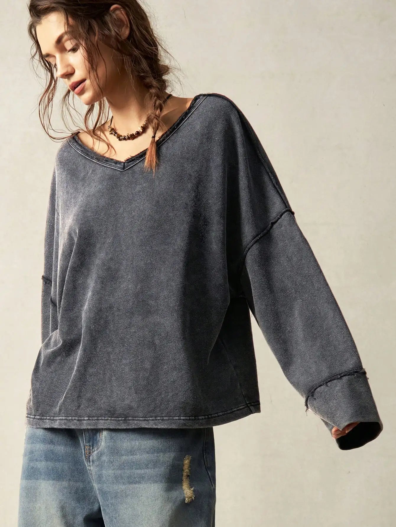 Women's V-Neck Backless Loose Sweatshirt with Flare Sleeves, Casual Long Sleeve Top