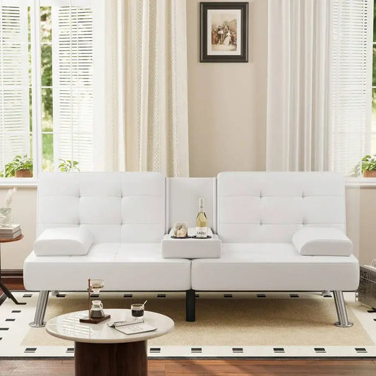 Sofa Bed, Faux Leather Futon With Removable Armrests, Adjustable Recliner Sleeper Sofa Bed With Dual Cup Holders For Living Room, Apartment, Office