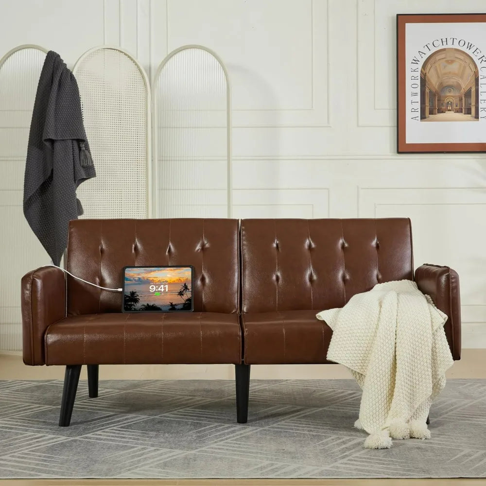 TYBOATLE 65" Brown Faux Leather Futon Sofa Bed Convertible Sleeper Loveseat 2 USB Ports Tufted Adjustable Folding Couch Space