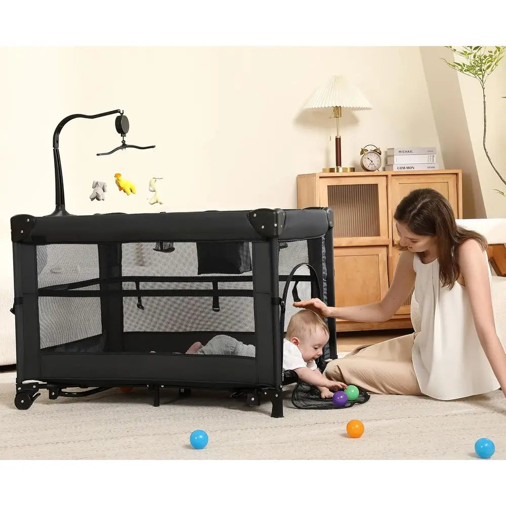 5-in-1 Portable Baby Playard: Crib, Bassinet, Bedside Sleeper, Changing Table & Playpen with Breathable Mesh for Newborns to Tod