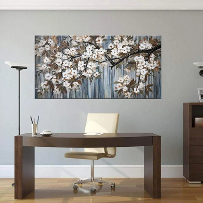 Abstract White Flower Tree Gray Driftwood Canvas Art 24x48 Inch Modern Framed Wall Decor Ready to Hang