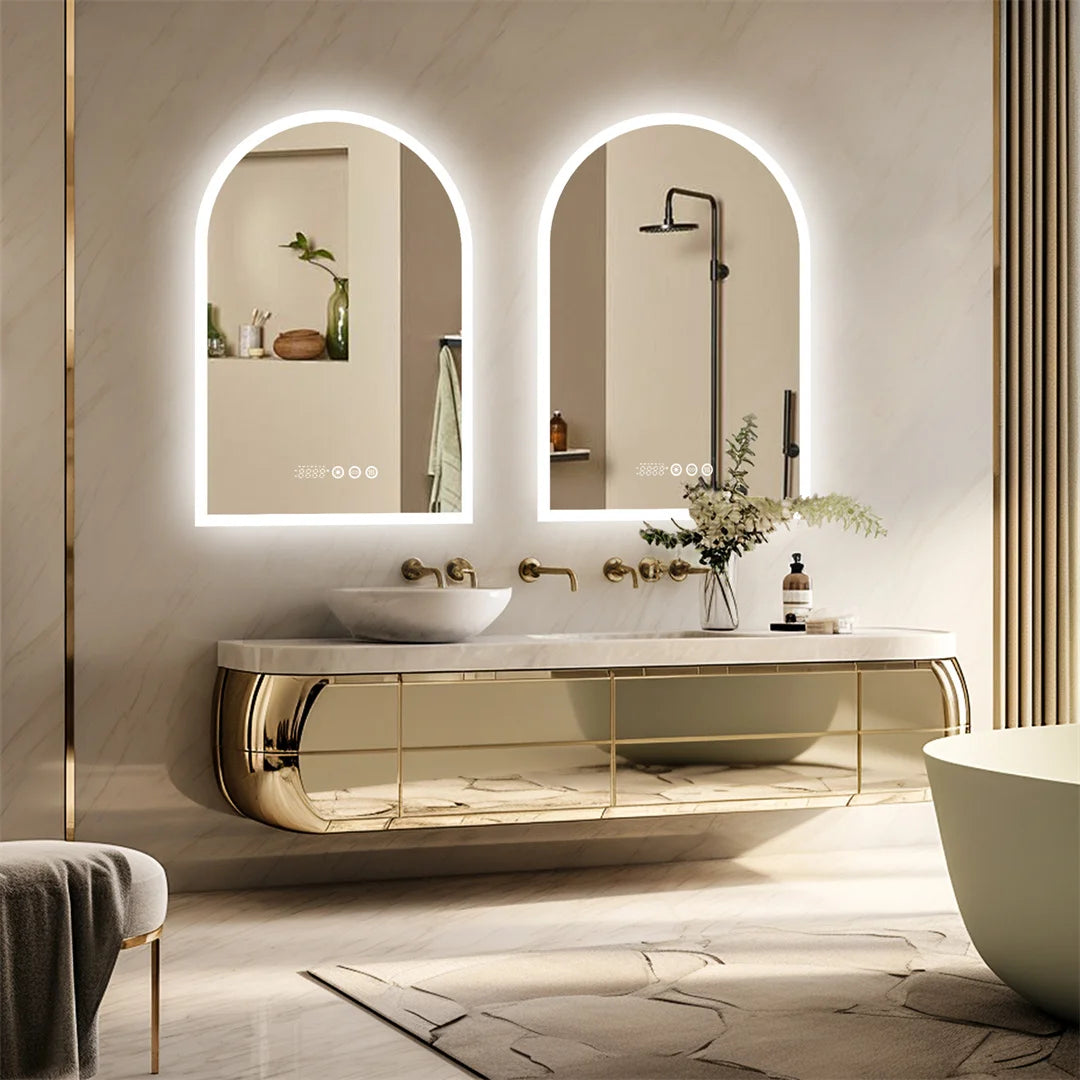 LUVODI Arched Backlit Bathroom Mirror Touch Screen LED Vanity Mirror with Time And Temperature Display Smart Bathroom Decor