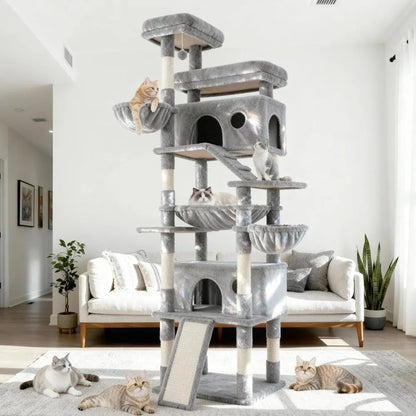 Large 80-Inch Cat Tower with Multiple Scratching Posts, Perches, Caves, Baskets, Stairs, Hammock, and Pompoms for Cats