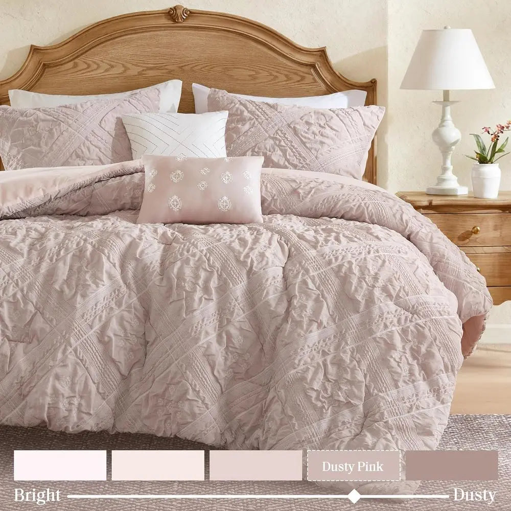 5-Piece Queen Size Comforter Set, Puy Seersucker Textured Grid Boho Bedding, Dusty Pink Plaid Comforter with 2 Shams & 2 Decorat