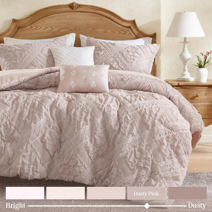 5-Piece Queen Size Comforter Set, Puy Seersucker Textured Grid Boho Bedding, Dusty Pink Plaid Comforter with 2 Shams & 2 Decorat
