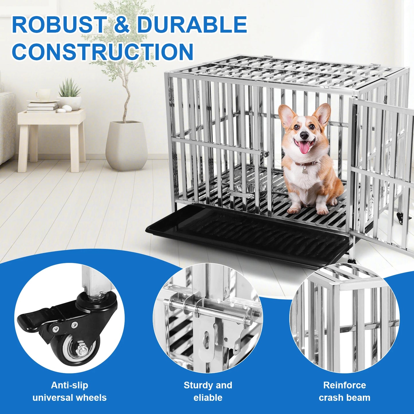 37 Inch Steel Tube Metal Pet Dog Crate with Tray Feeding Bowl Dog Crate Cage Kennel for High-Anxiety and Extra Large Dogs