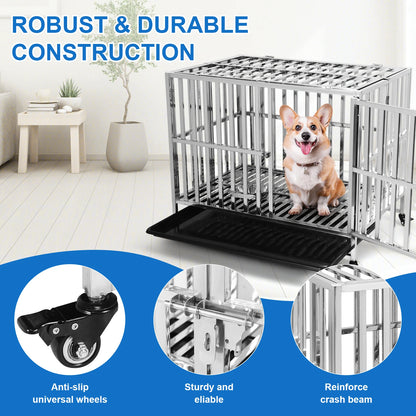 37 Inch Steel Tube Metal Pet Dog Crate with Tray Feeding Bowl Dog Crate Cage Kennel for High-Anxiety and Extra Large Dogs