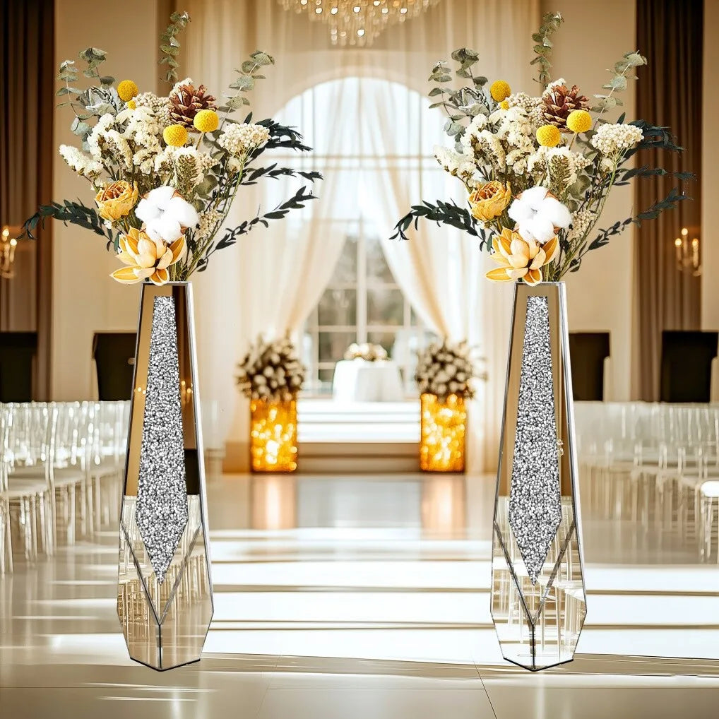 XL Floor Vase for for Dried Flower, 86cm Tall Sparkle Diamond Vase with Mirrored Bevelled Border, Open Base