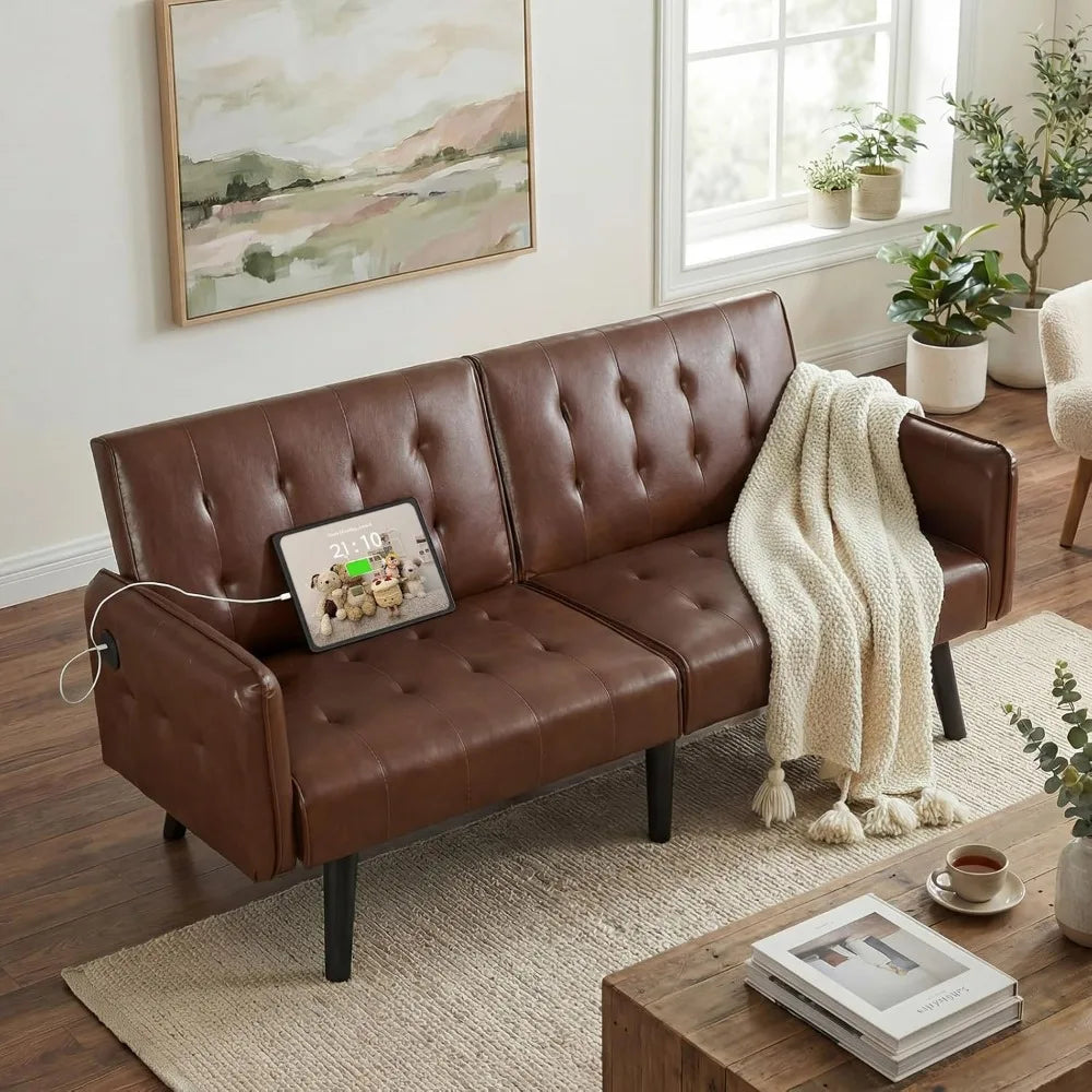 TYBOATLE 65" Brown Faux Leather Futon Sofa Bed Convertible Sleeper Loveseat 2 USB Ports Tufted Adjustable Folding Couch Space