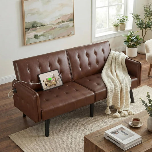 TYBOATLE 65" Brown Faux Leather Futon Sofa Bed Convertible Sleeper Loveseat 2 USB Ports Tufted Adjustable Folding Couch Space