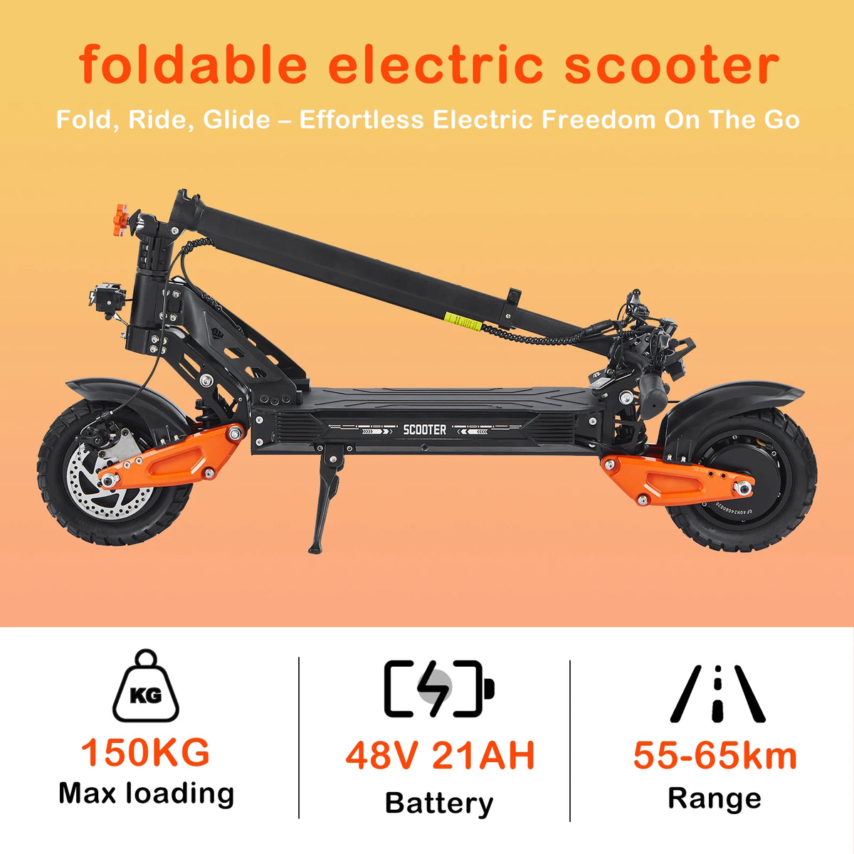 Single Drive Foldable Two-wheel Electric Scooter 1200W Brushless Motor 48V 18Ah Lithium Battery 50-60km Range