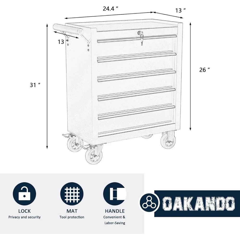 Metal Rolling Tool Chest with 5 Drawers, Lockable Storage Cabinet on Wheels for Garage and Warehouse Organization