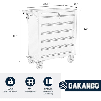 Metal Rolling Tool Chest with 5 Drawers, Lockable Storage Cabinet on Wheels for Garage and Warehouse Organization