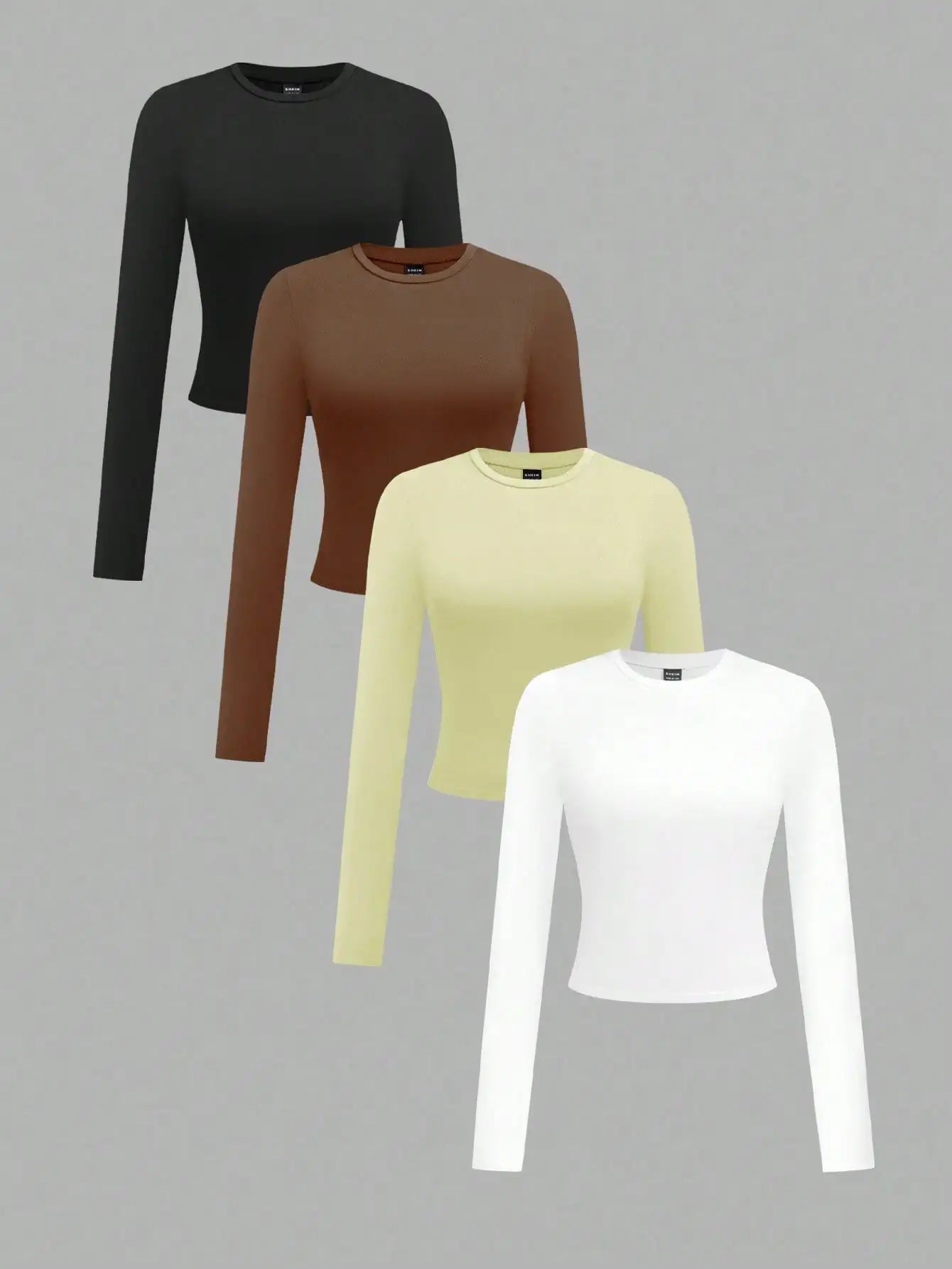4-Pack Women's Solid Color Round Neck Long Sleeve Crop Tops, Casual Fall/Winter Tees