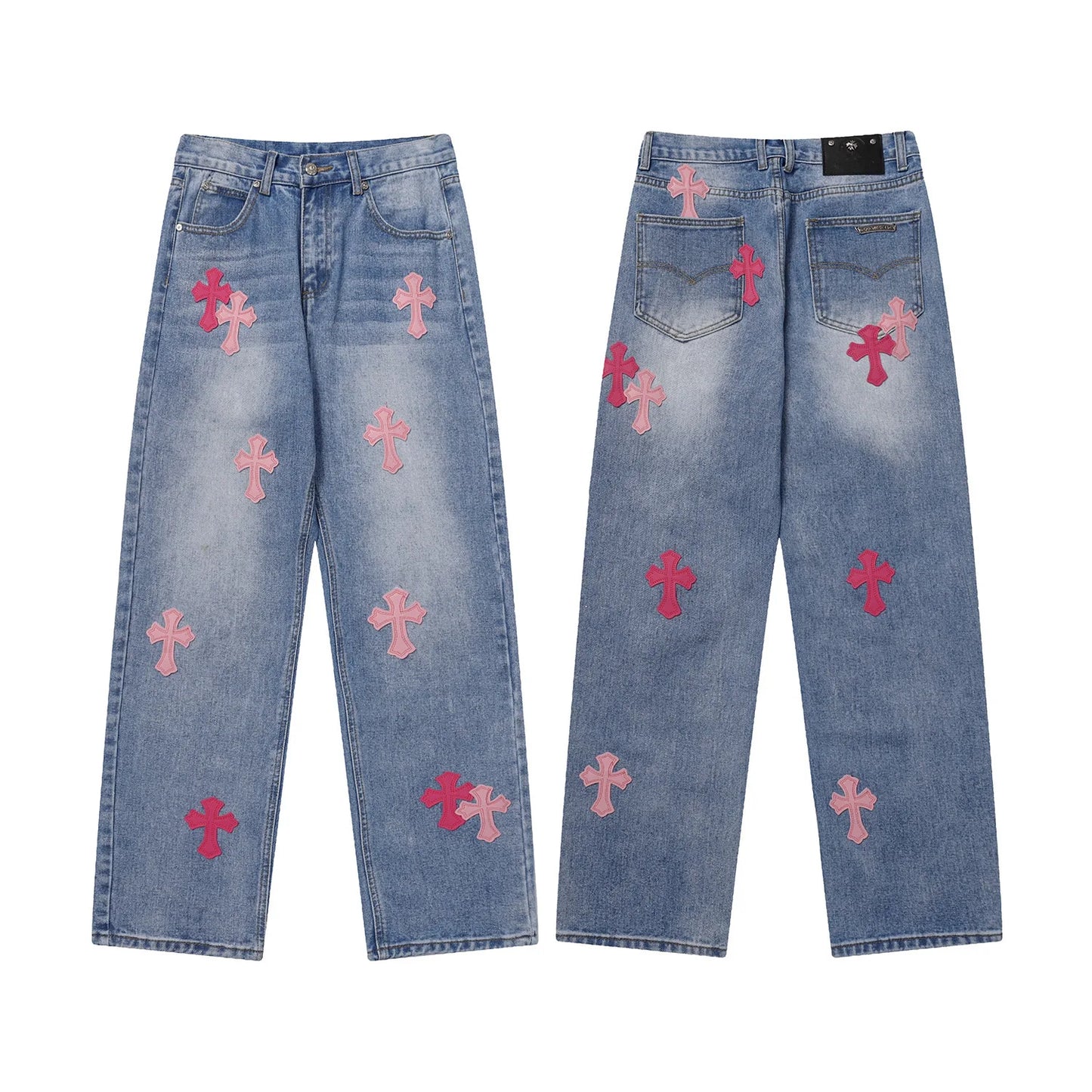 Classic Luxury Brand Men Women Leather Jeans Totem Patch Casual Pants Fashion Metal Embellished Couple Wear 2025