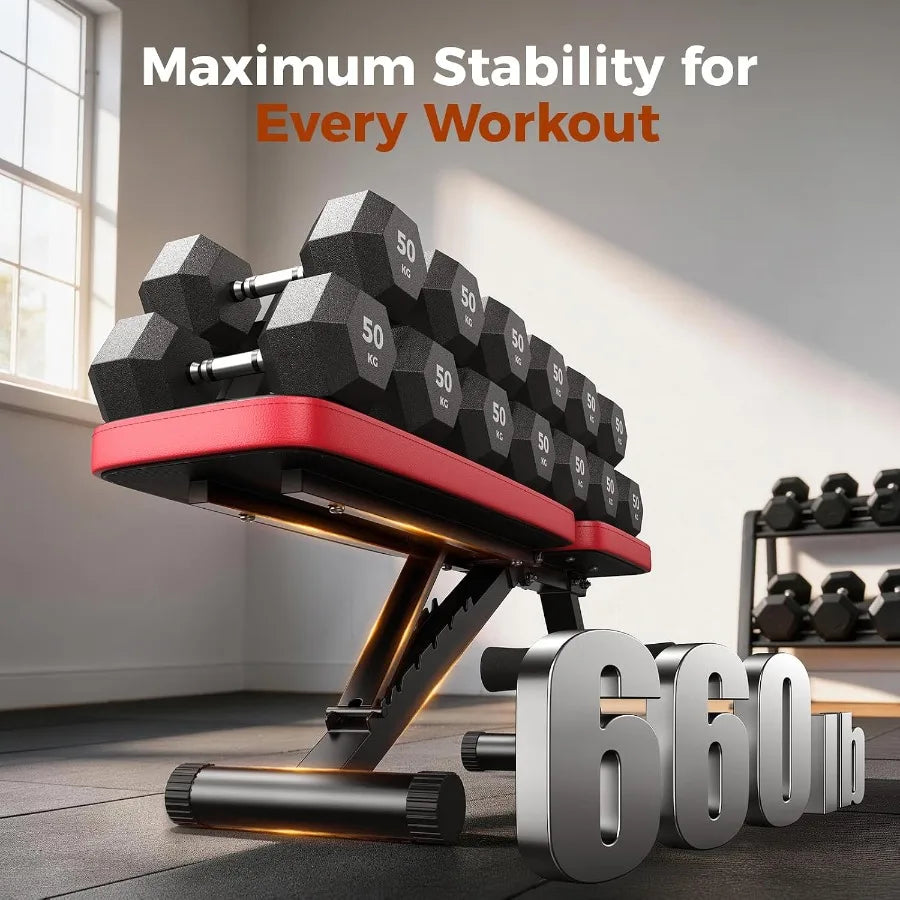 2 in 1 Weight Bench and Dumbbell Sets for Home Gym, 660LBS Capacity Workout Bench with Adjustable Dumbbell Set of 2, 25LBS Pair
