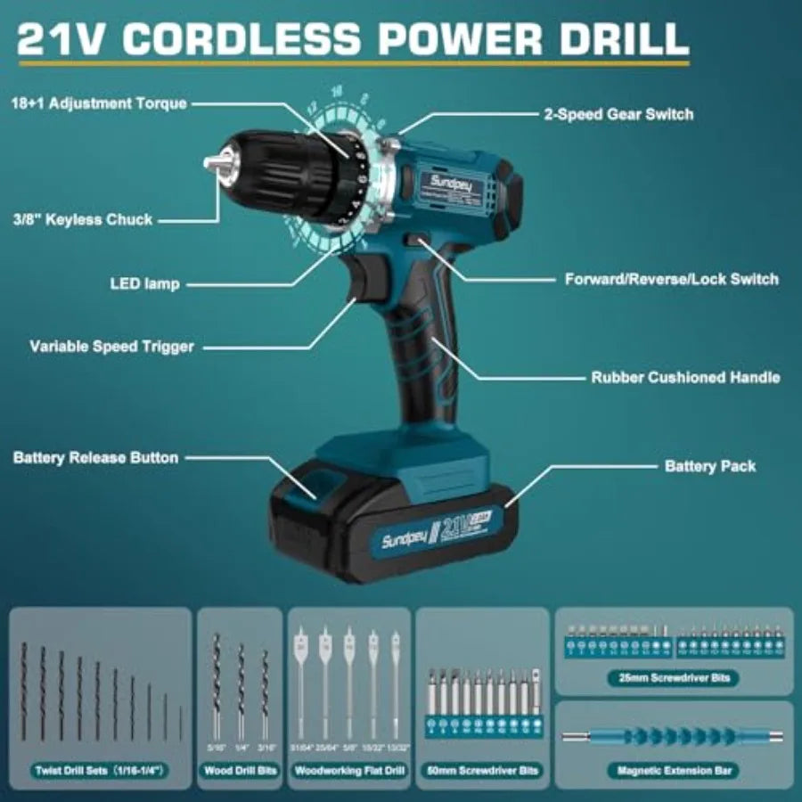 21V Cordless Drill Tool Kit with 255-Piece Portable Complete General Basic Home and Auto Repair Set Including Drawer Storage fo
