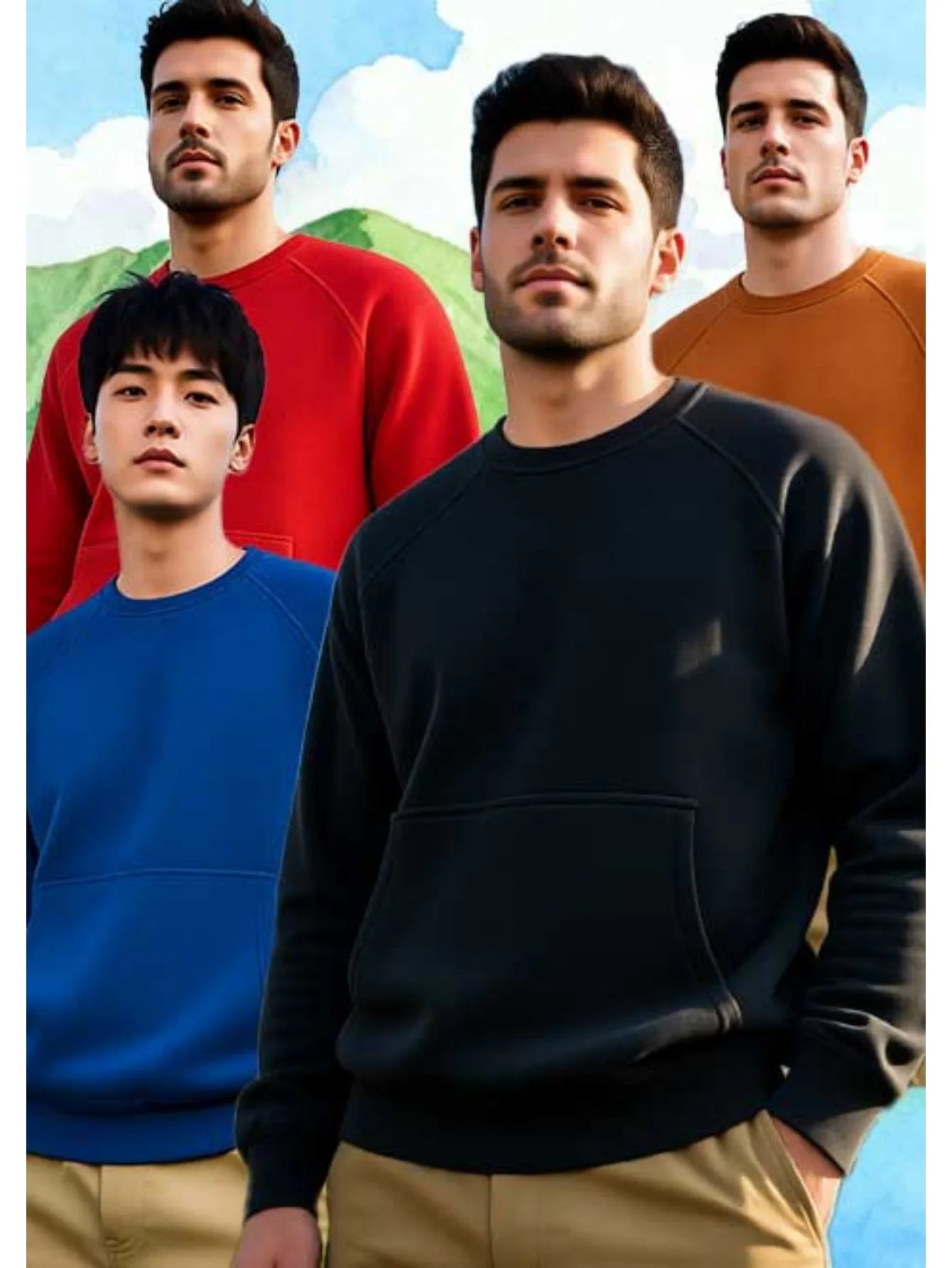 Four piece men's round neck hoodie fleece pullover set offers eight colors of soft cotton blend hoodie