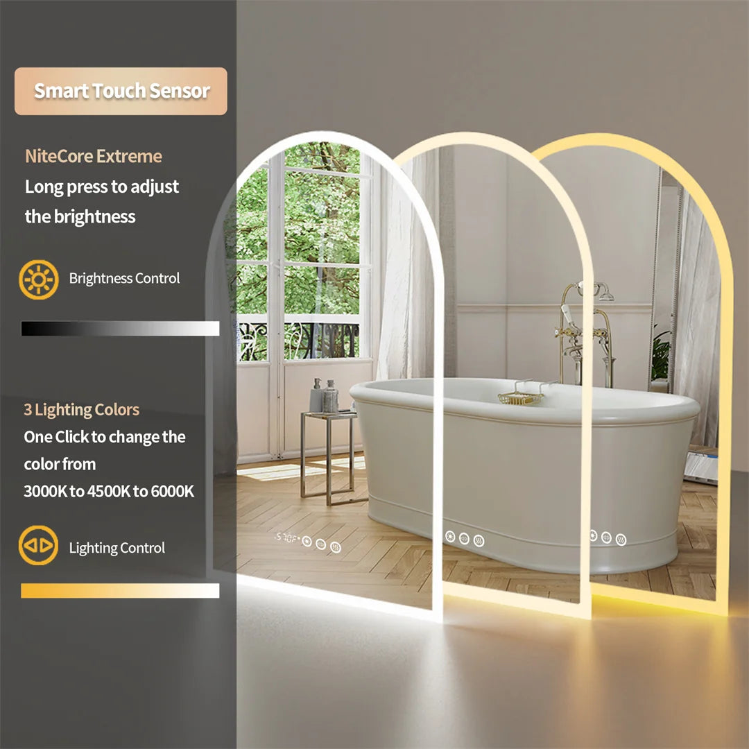 LUVODI Arched Smart Bathroom Mirror Dimmable Waterproof Salon Dressing Mirror with Time & Temperature Display