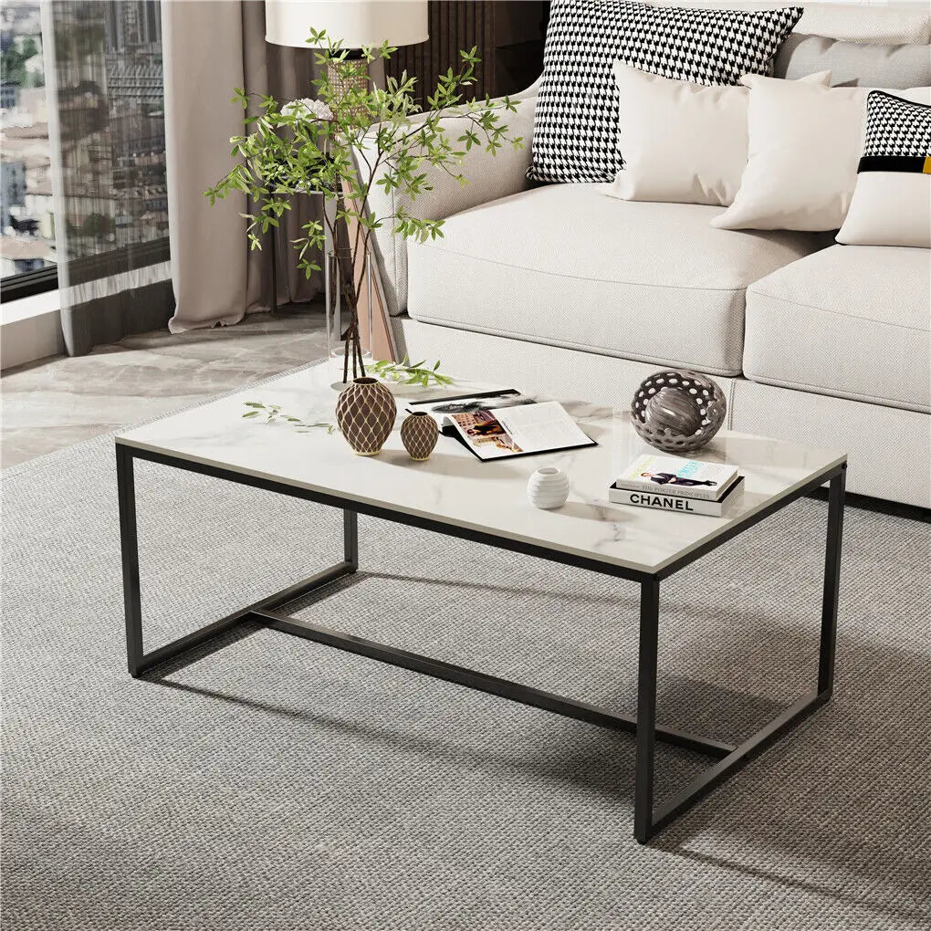 LUVODI Rectangular Coffee Table 100x60cm Sintered Stone Top Black Metal Frame Modern Center Table for Living Room