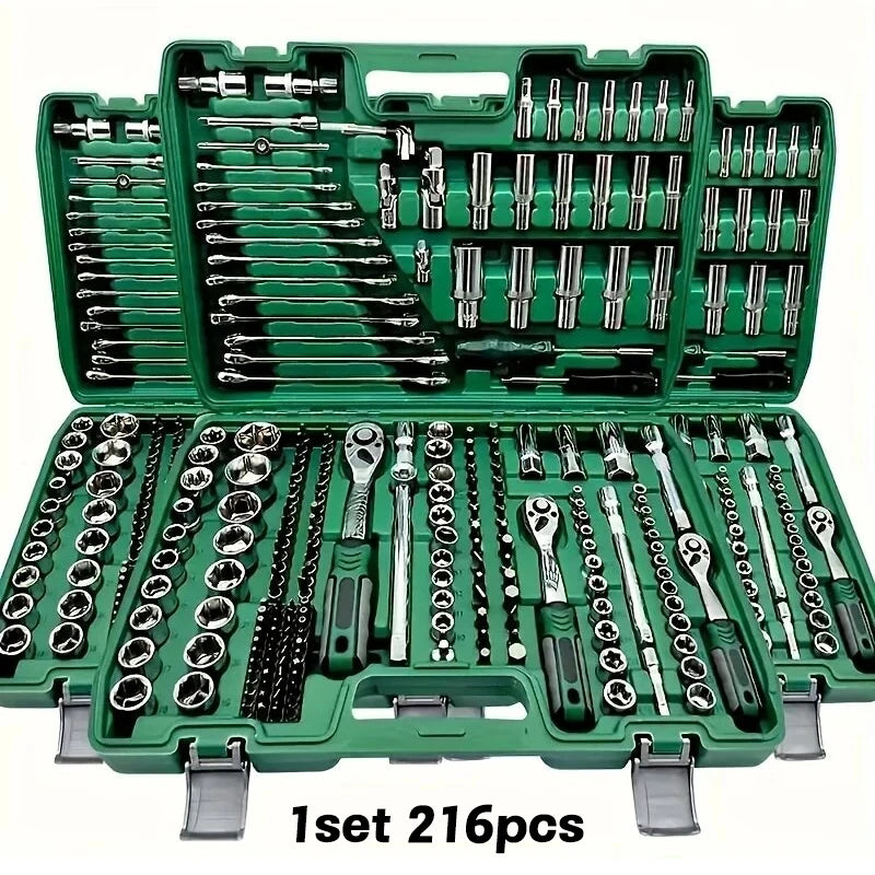 High End Professional 216 Tool Set, 1/4" 3/8" 1/2" Drive Depth, Ratchet Wrench Set, CR-V Material, Automotive Parts Repair Quick Ratchet Wrench and Other Automotive Repair Parts, Professional Racing Grade Repair Tool Set