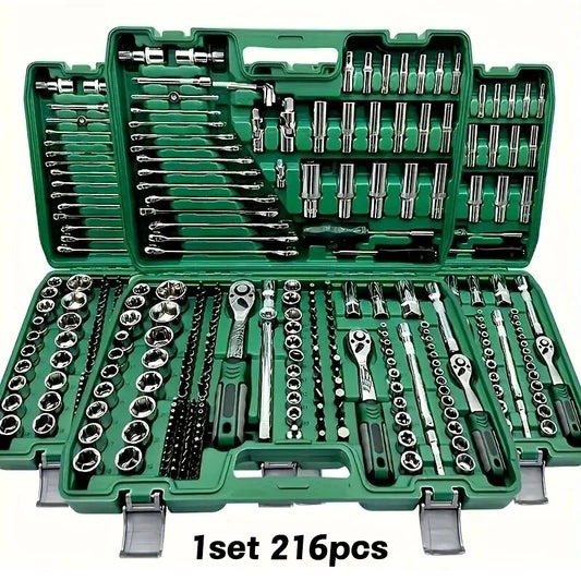 High End Professional 216 Tool Set, 1/4" 3/8" 1/2" Drive Depth, Ratchet Wrench Set, CR-V Material, Automotive Parts Repair Quick Ratchet Wrench and Other Automotive Repair Parts, Professional Racing Grade Repair Tool Set