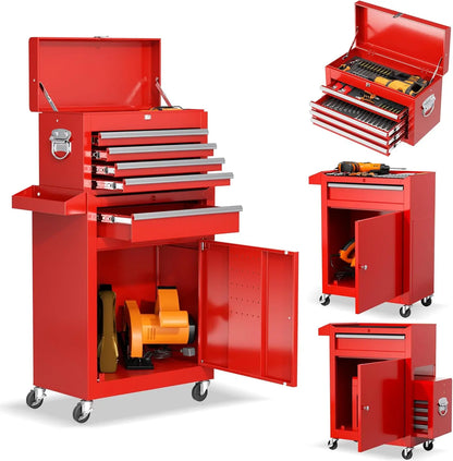 Rolling Tool Chest - Heavy-Duty Steel Tool Cabinet with Detachable Top Box, Locking Wheels & Security System for Garage
