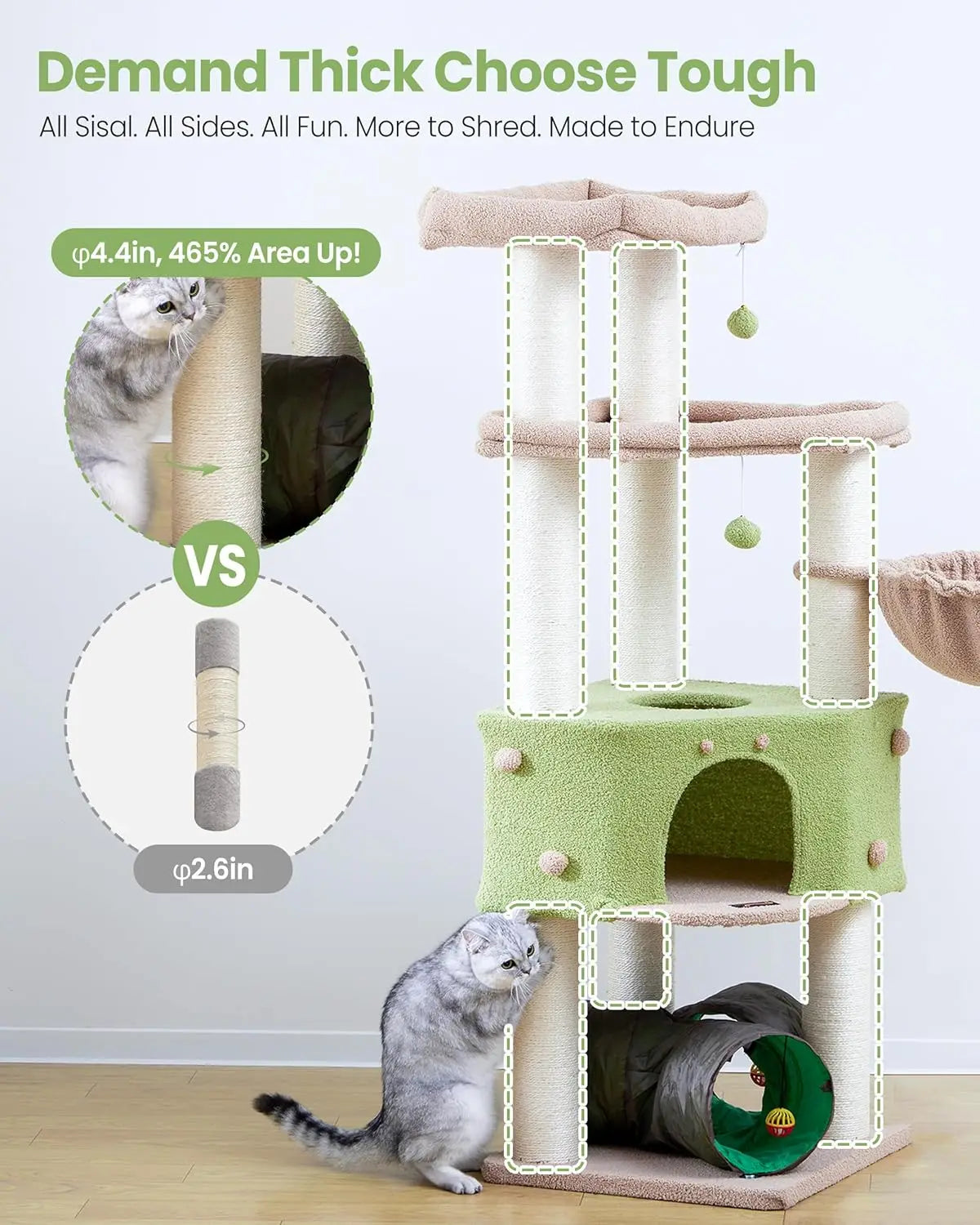 Large Cat Tree Tower for Indoor Cats - Extra Wide Scratching Post with Hammock and Tunnel, 60 Inch Multi-Level House
