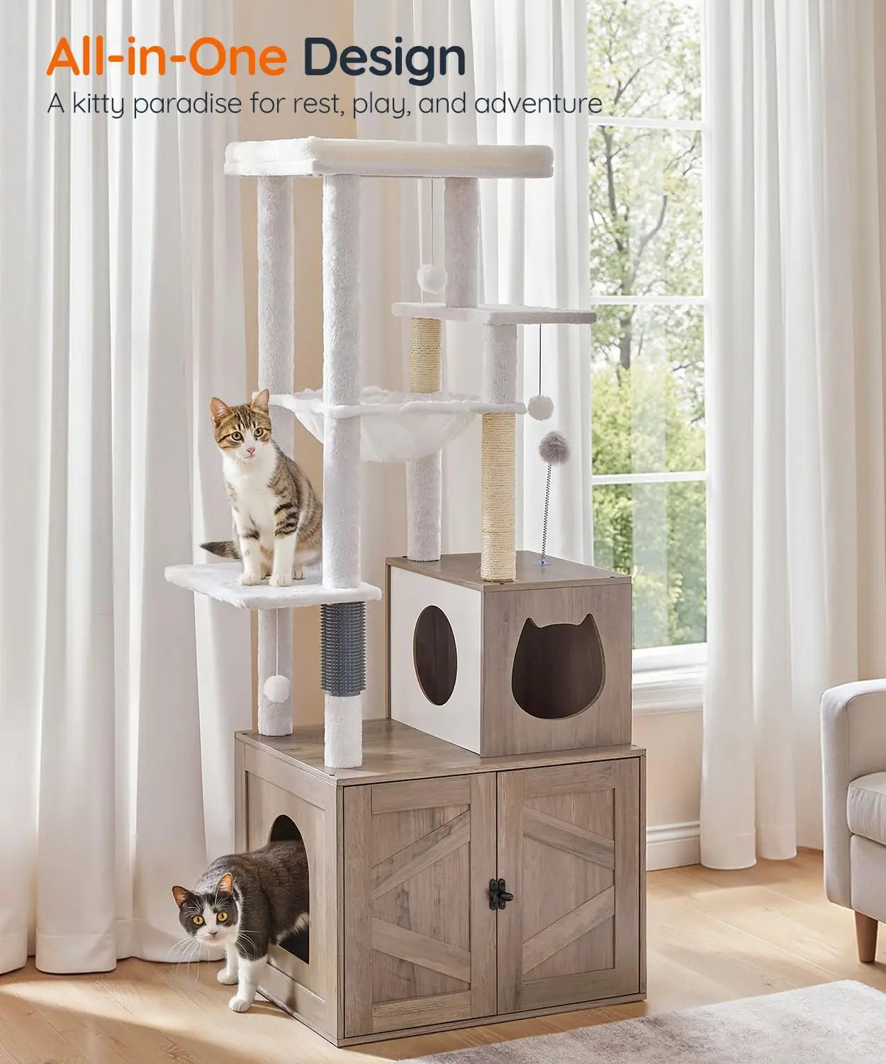 Tall Cat Tree with Hidden Litter Box, Multi-Level Play Tower for Indoor Cats, Sisal Posts and Cozy House