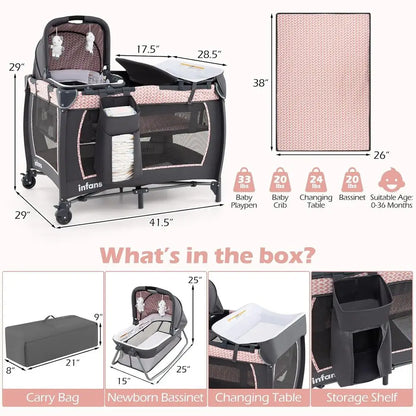 Portable Baby Playard with Bassinet, Changer, Mattress, Storage, and Toys in Pink