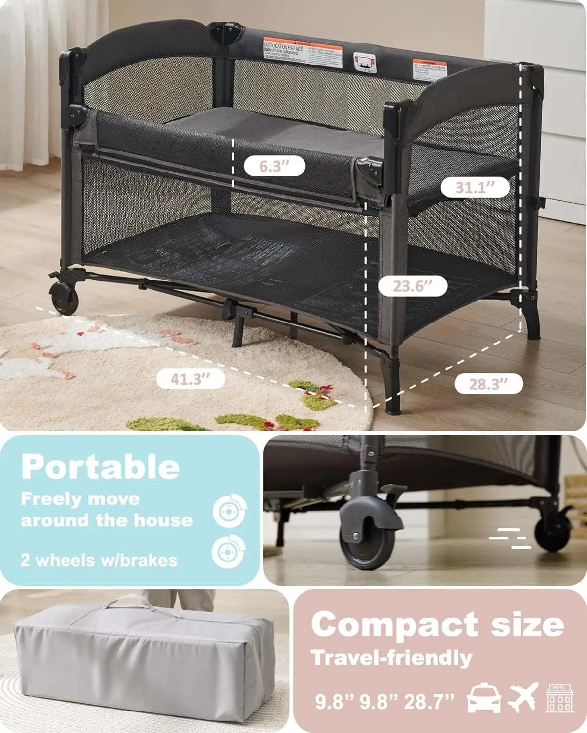 4-in-1 Baby Bassinet Bedside Sleeper with Changing Table, Playard & Wheels for Newborns