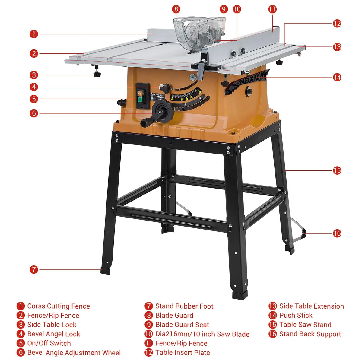 Table Saw, 10 in 15A Multifunctional Saw with Stand & Push Stick for Jobside, 90° Cross Cut & 0-45° Bevel Cut, Cutting Speed Up to 5000RPM, Adjustable Blade Height, Ideal for Woodworking, Orange