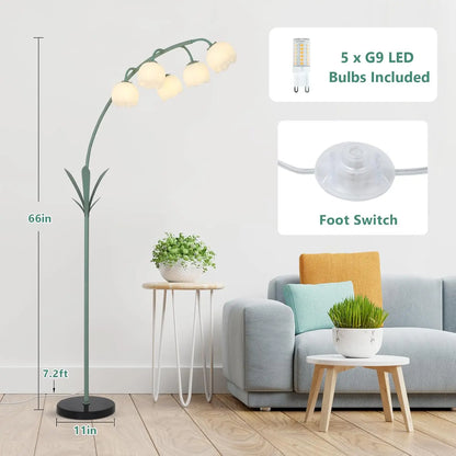 Arc Floor Lamp with 5 G9 LED, Green Floral Standing Lamp, Acrylic Shade, Foot Switch, for Living Room Bedroom Corner