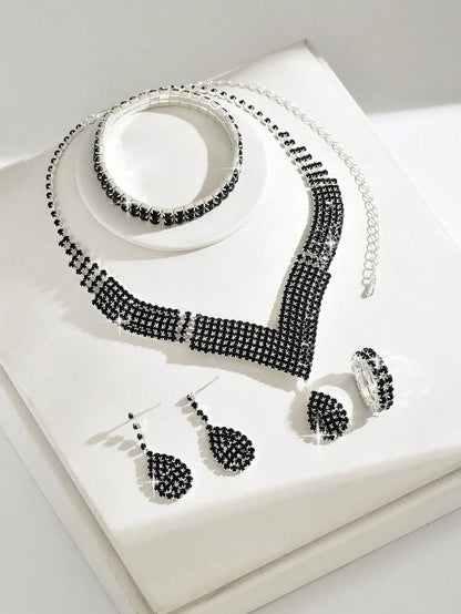 5-Piece Black Crystal Jewelry Set for Women - Necklace, Earrings, Bracelet, Ring - Bridal & Valentine's Day Gift