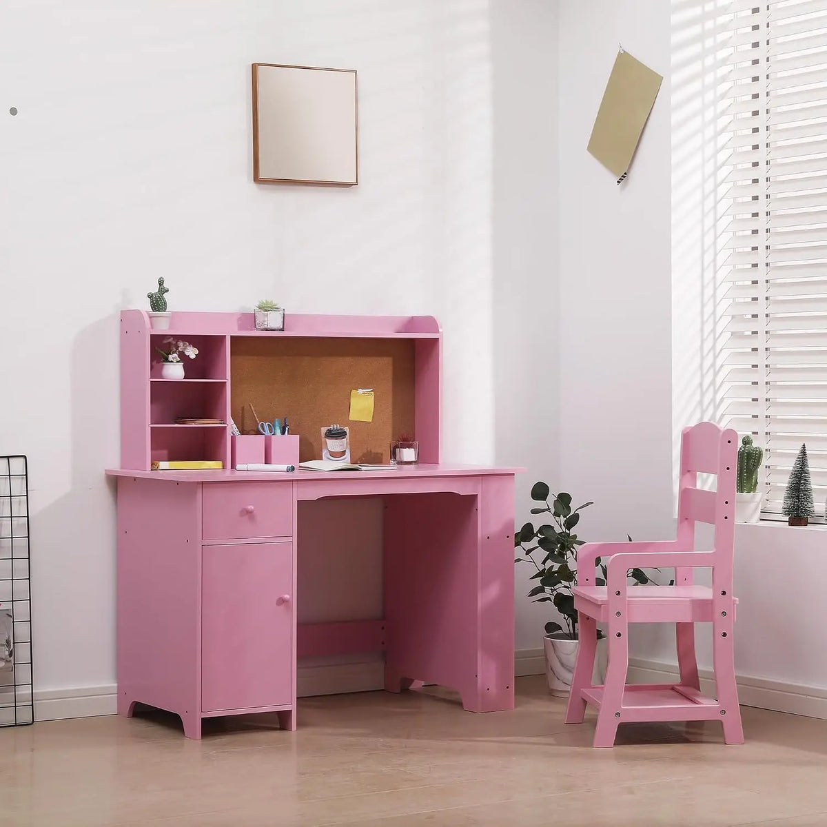 Kids Desk and Chair Set, Wooden Study Table with Bookshelf, Bulletin Board, Storage Shelf, Cabinet & Drawer, Homework Writing Desk for Ages 3-8, Pink