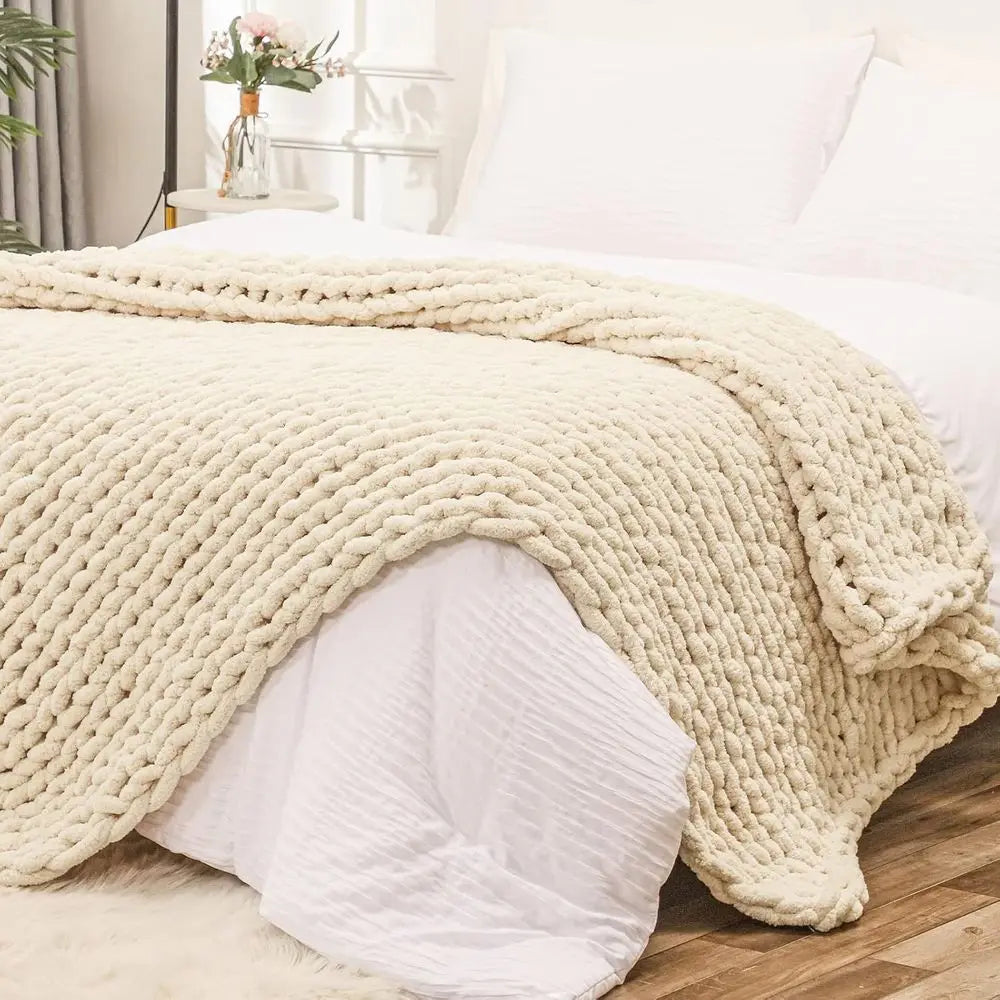 Chunky Knit Throw Blanket for Couch, 80x90 inches, 100% Hand Knitted with Thick Jumbo Chenille Yarn, Cozy Soft Large Rope Knot C