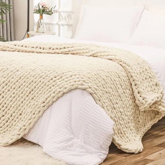 Chunky Knit Throw Blanket for Couch, 80x90 inches, 100% Hand Knitted with Thick Jumbo Chenille Yarn, Cozy Soft Large Rope Knot C