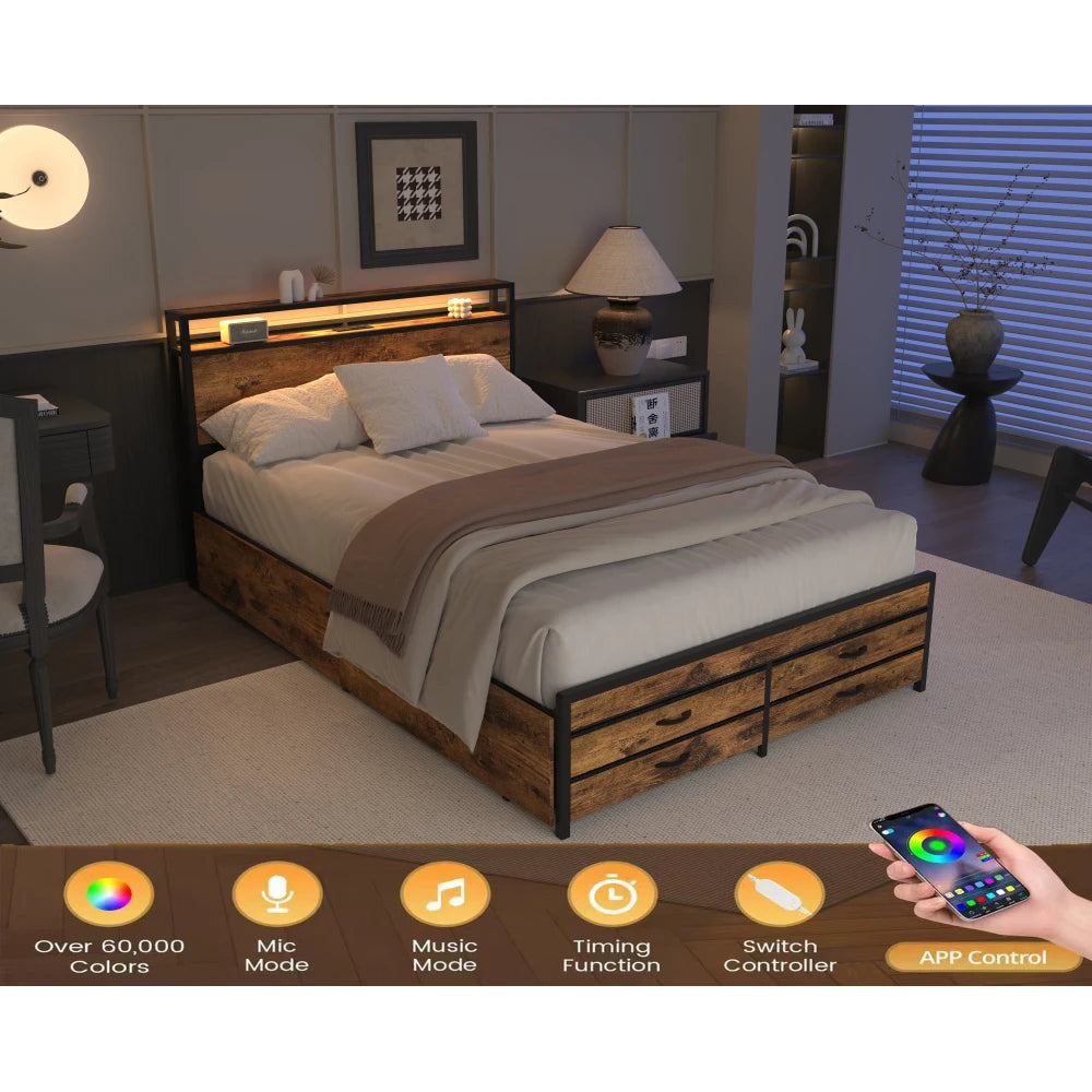 Orraves Queen Size Bed Frame with 8 Storage Drawers, LED Headboard with Charging Station, Metal Platform Bed Frame, No Box Spring Needed, Noise-Free, Stable and Solid, Brown