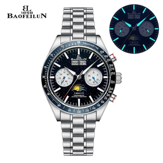 BAOFEILUN Moons Automatic Watches for Men Full Calendar 42MM Galaxy Dial Mineral Crystal 30M Waterproof Luxury Reloj Hombre Gift
