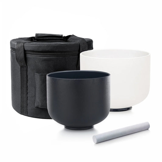 2 PCS Yin and Yang 432 Hz Crystal Singing Bowl Set 8"A Black and 10"F White Sound Meditation Mutual Attraction Chakra Bowls wit