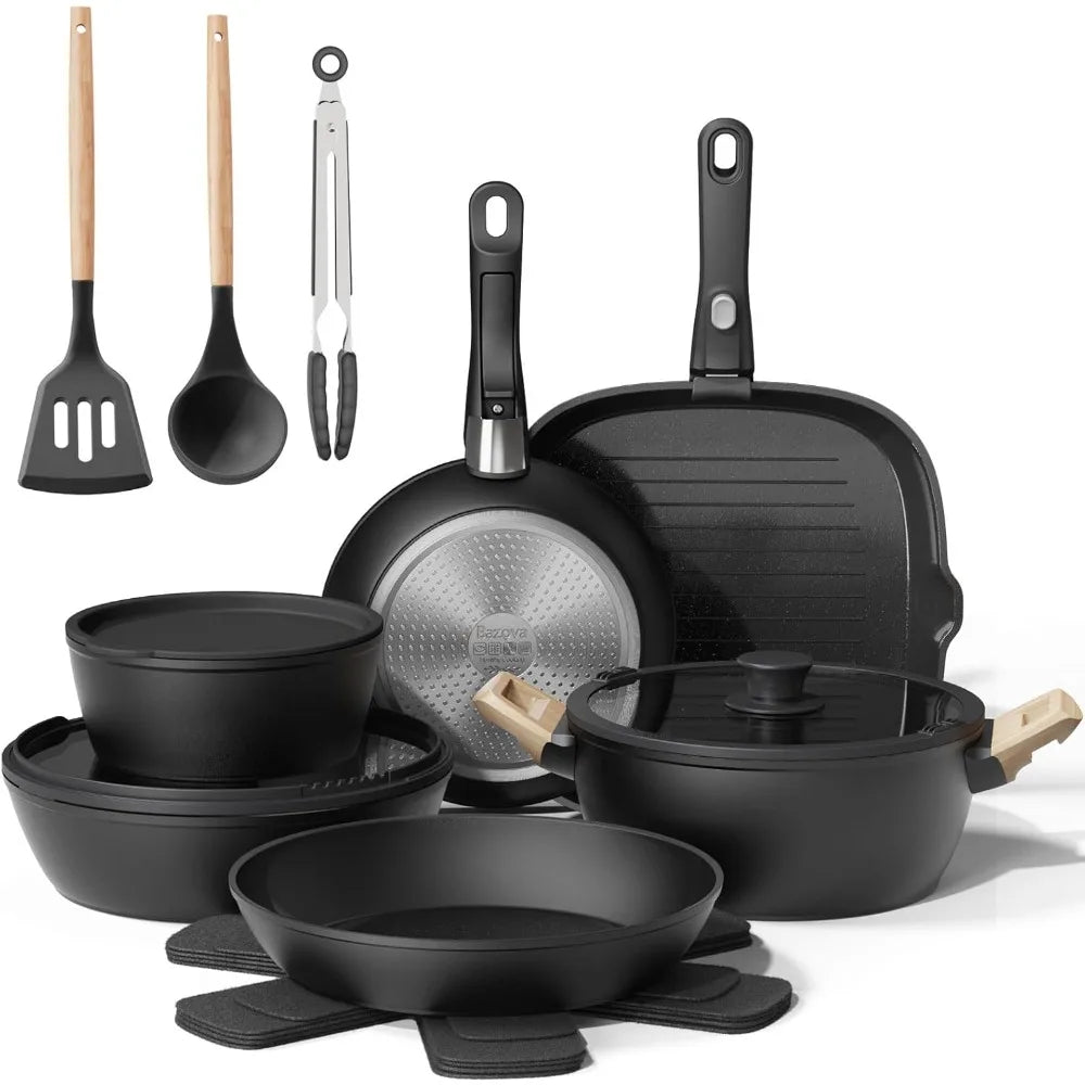 19 Pcs Pots and Pans Set Non Stick Ceramic Cookware Set with Removable Handles, Non Toxic Induction Kitchen Cookware Sets RV Coo