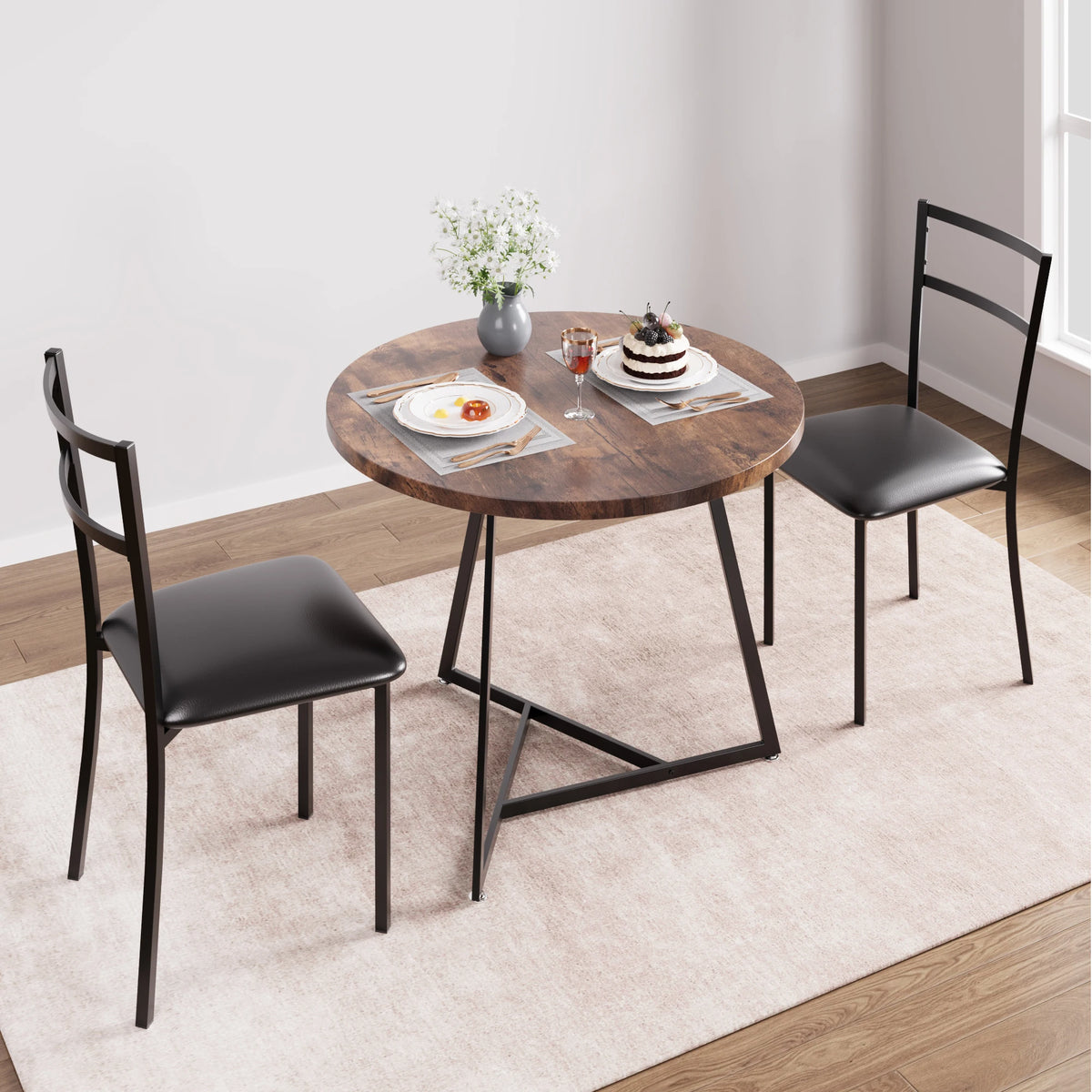 Dining Table Set for 2, Round Kitchen Table and PU Padded Chairs, 3 Piece Dining Room Table Set,Coffee Table and Chair Round Office Conference Reception Coffee Table for Kitchen