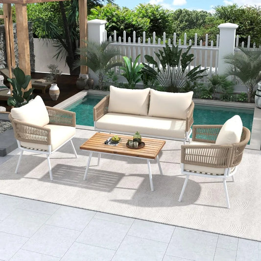 4Piece Boho Rope Outdoor Patio Furniture Set with Acacia Wood Table for Backyard Porch Balcony Beige Stylish and Durable Rattan