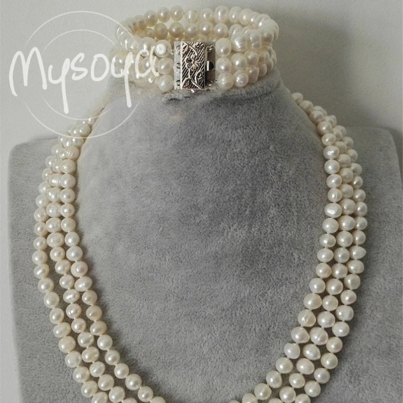 MYSOYA Three-layer White Baroque Freshwater Pearl Necklace Bracelet Set 6-7mm With Gift Box For Her/ Him For Birthday Weddings