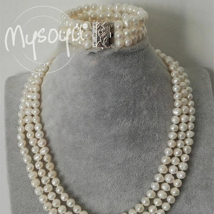 MYSOYA Three-layer White Baroque Freshwater Pearl Necklace Bracelet Set 6-7mm With Gift Box For Her/ Him For Birthday Weddings