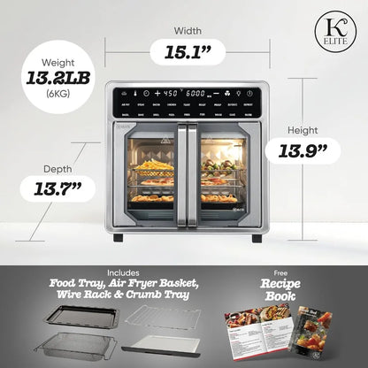 Kitchen Elite 16 Quart French Door Air Fryer Oven Family Size Countertop Convection Cooker with LED Display Stainless Steel Ide