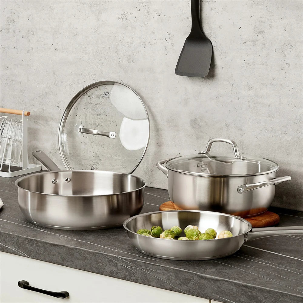 KOCH SYSTEME CS 10 Piece Pots and Pan Set Stainless Steel Kitchen Cookware Set Sauce pan Frying pan Stewpan Breakfast Steak frying pan Family Cooking Pots Induction Compatible